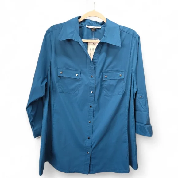 Lifestyle Attitude Blue Button Up Shirt 2X NWT Stretched Utility Top Roll Tab - Picture 1 of 9